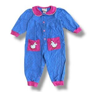 Vintage 80s BASICS by City Kids Romper 18M Blue Pink Polka Dot Duck Appliqué